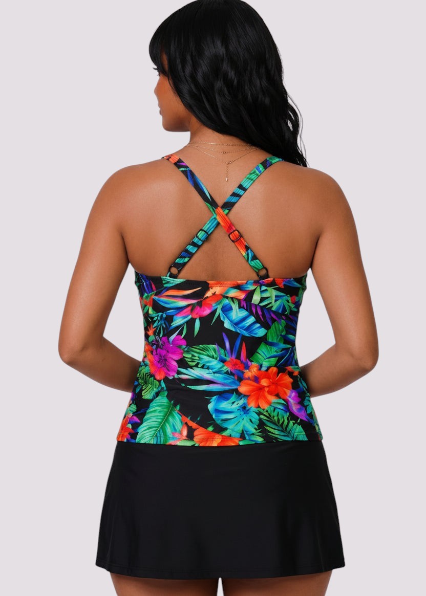Twist Front Tankini Set with Skirt - Cabana Nights