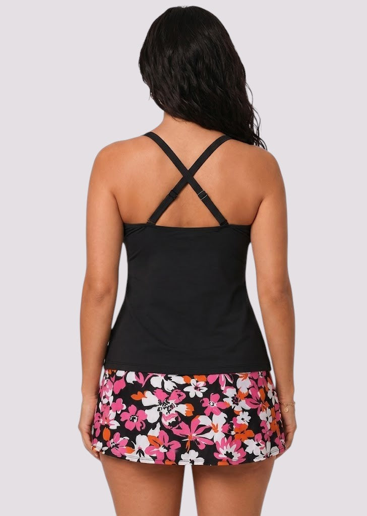 Twist Front Tankini Set with Skirt - Guava Glow