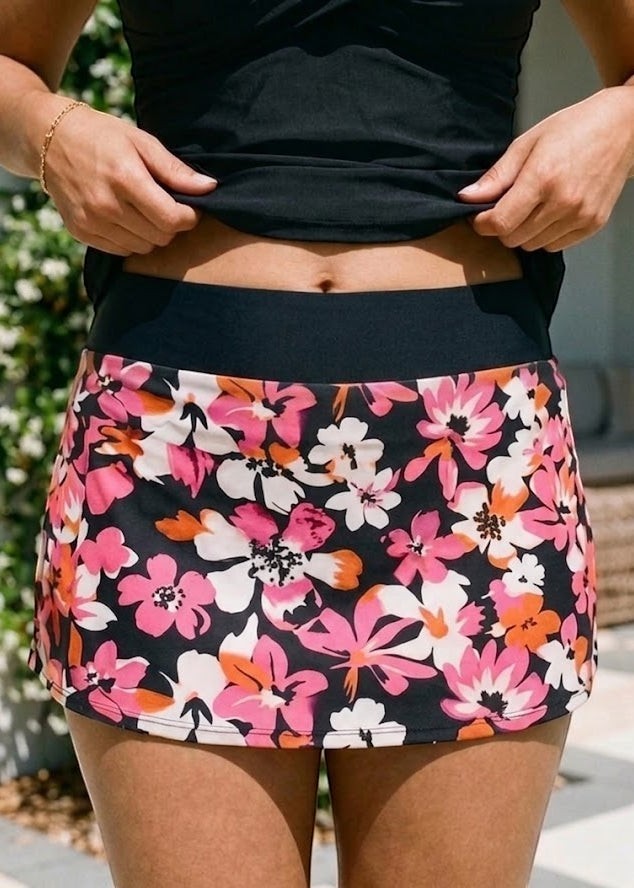 Twist Front Tankini Set with Skirt - Guava Glow