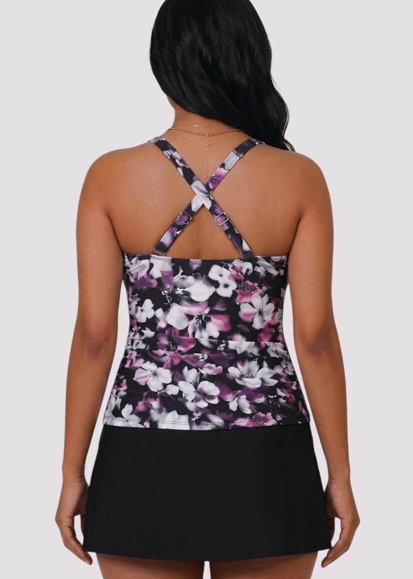 Twist Front Tankini Set with Skirt - Plum Petals