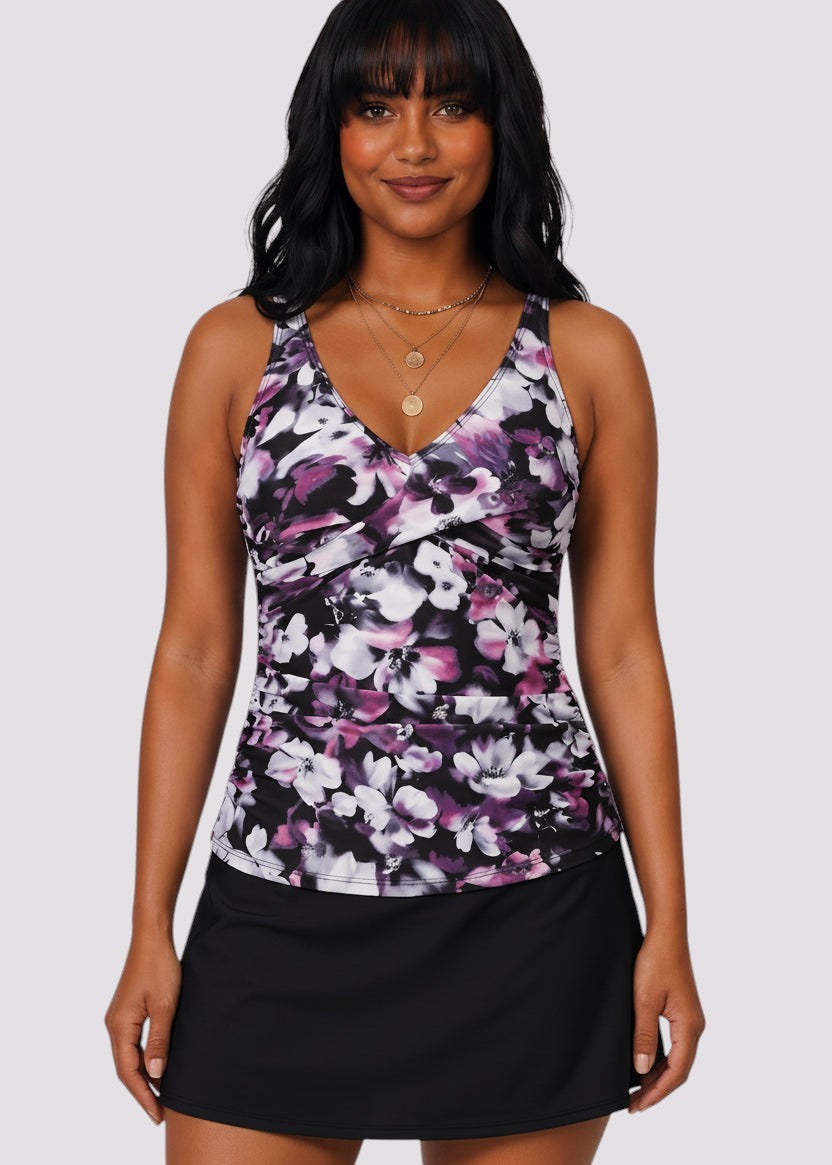 Twist Front Tankini Set with Skirt - Plum Petals