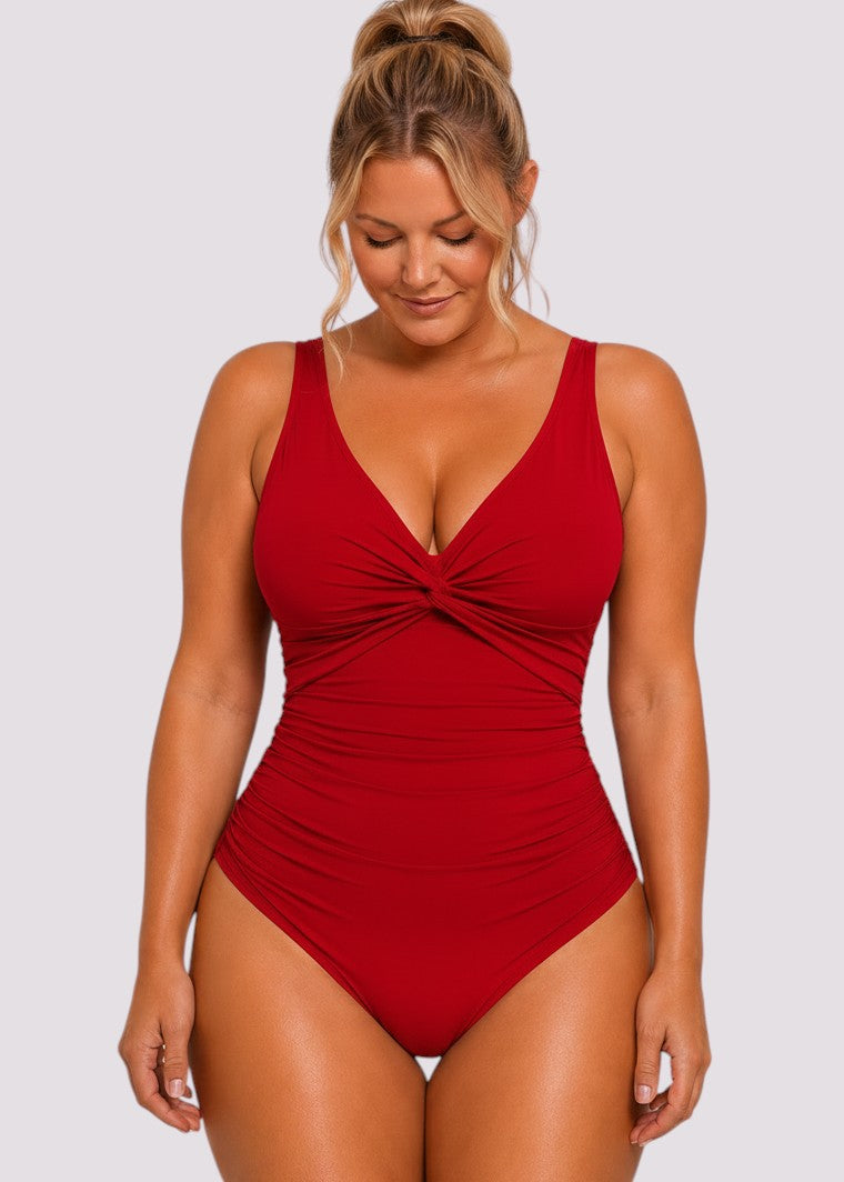 Twist Front Tummy Control One Piece - Red-Cheekkah