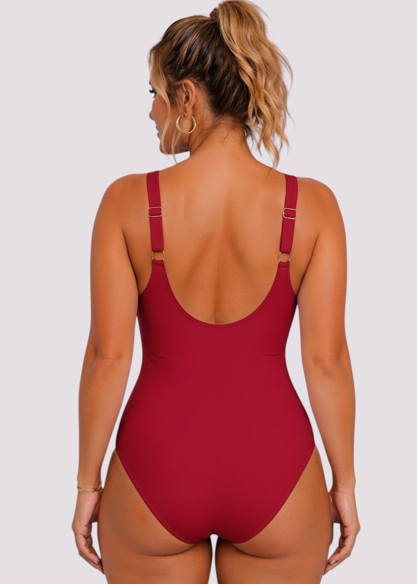 Twist Front Tummy Control One Piece - Red-Cheekkah