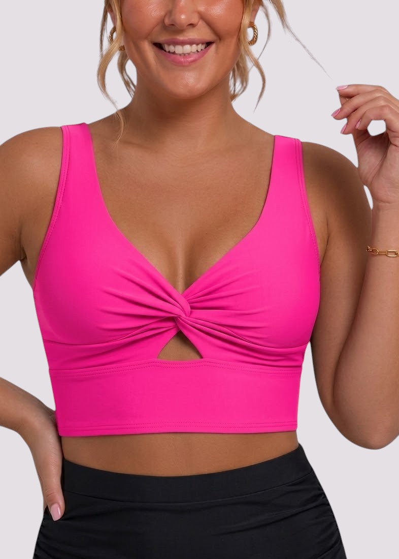 Twist Knot Longline Bikini Top with Adjustable Straps - Pink-Cheekkah