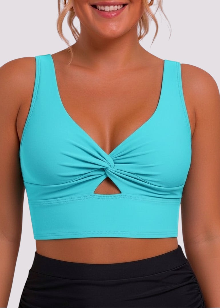 Twist Knot Longline Bikini Top with Adjustable Straps - Aqua