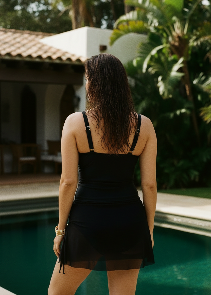 V Neck Mesh Skirtini Set - Black-Cheekkah