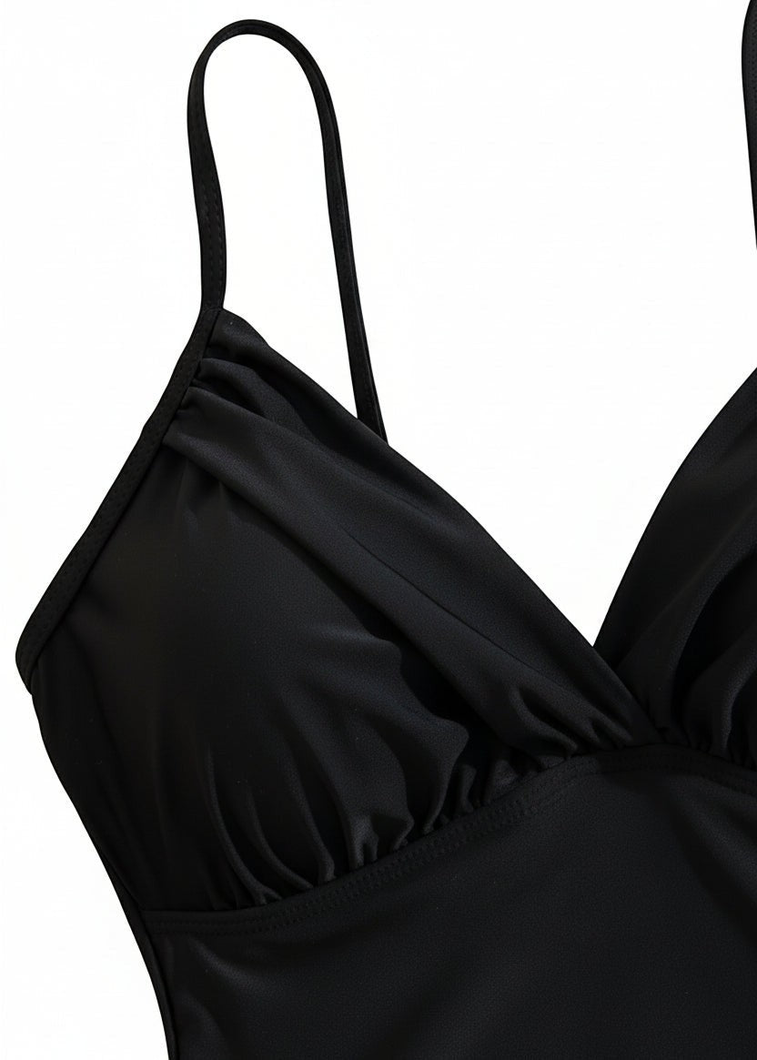 V Neck Ruched Tummy Control One Piece - Black-Cheekkah