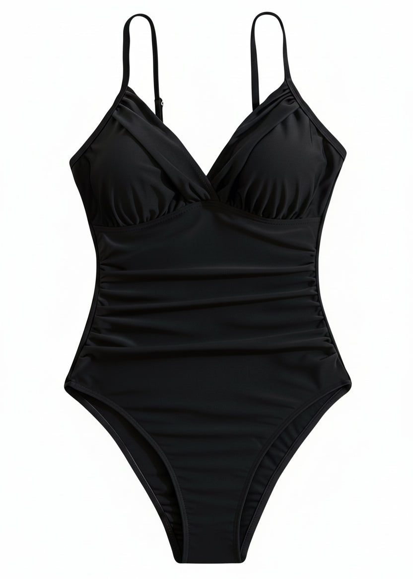 V Neck Ruched Tummy Control One Piece - Black-Cheekkah