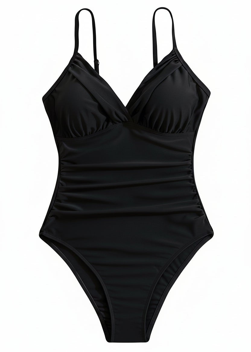 V Neck Ruched Tummy Control One Piece - Black-Cheekkah