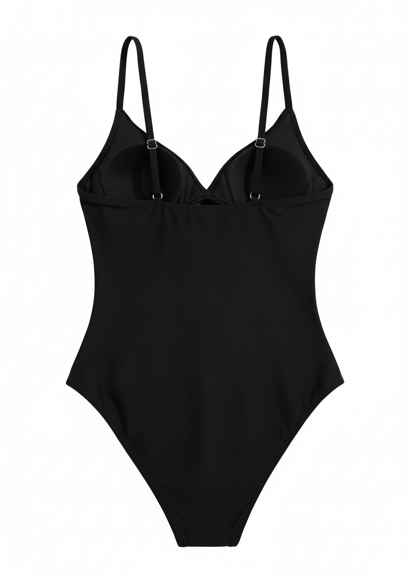 V Neck Ruched Tummy Control One Piece - Black-Cheekkah
