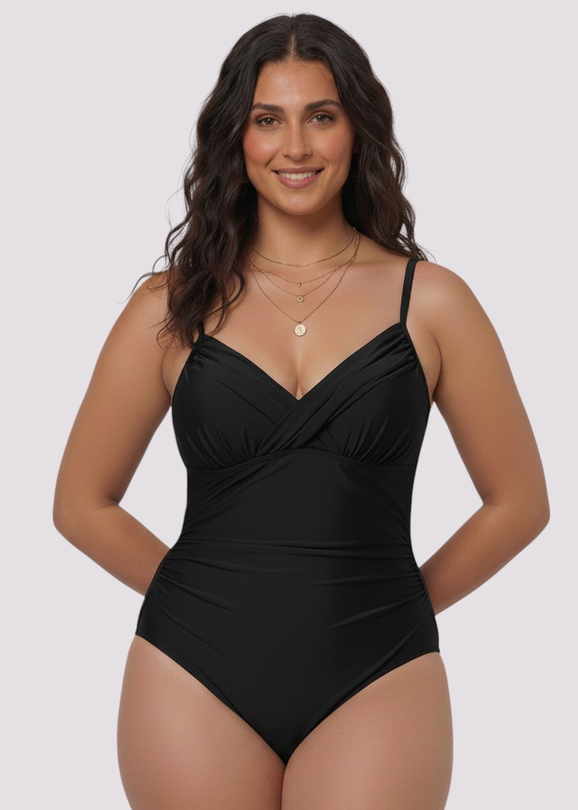 V Neck Ruched Tummy Control One Piece - Black-Cheekkah