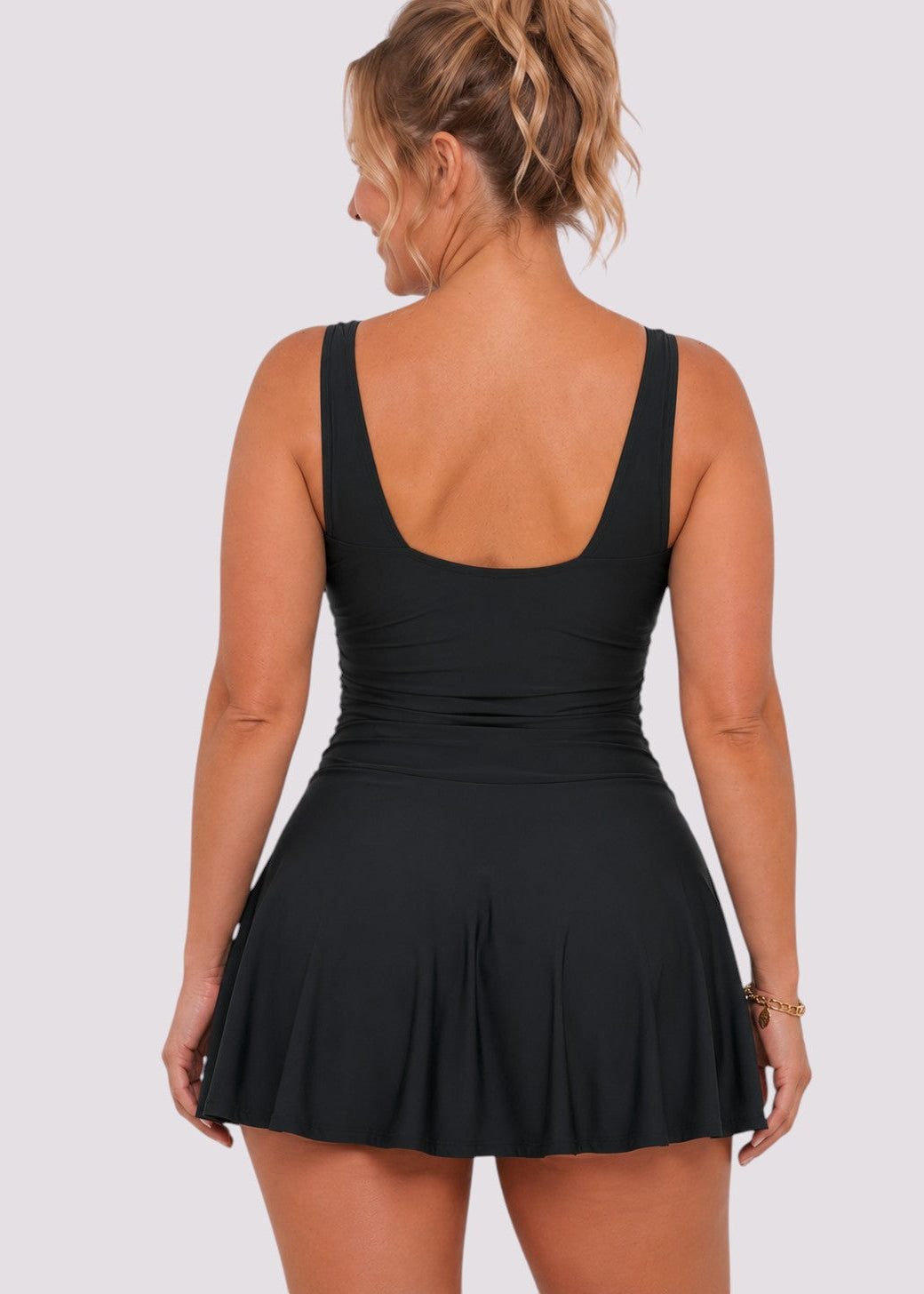 V Neck Swim Dress with Built in Shorts - Black-Cheekkah