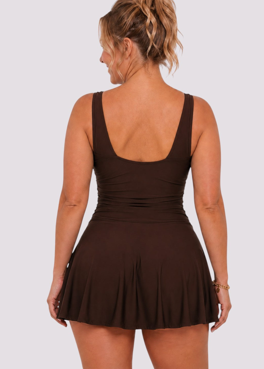 V Neck Swim Dress with Built in Shorts - Brown