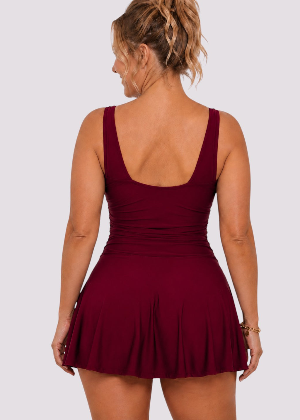 V Neck Swim Dress with Built in Shorts - Wine Red