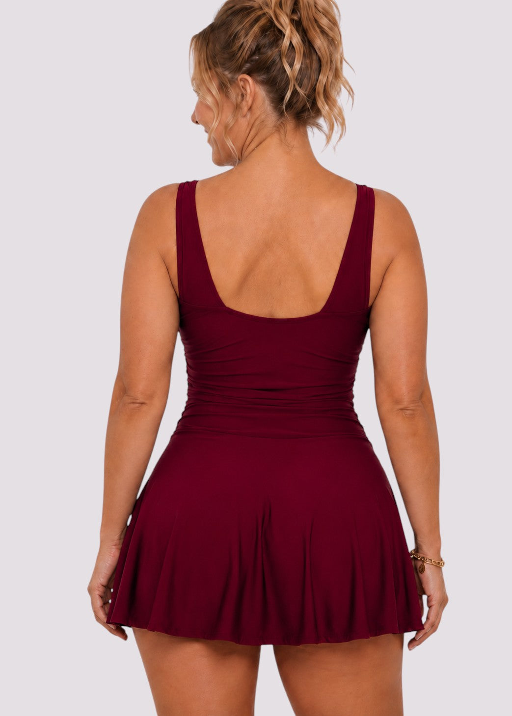 V Neck Swim Dress with Built in Shorts - Wine Red