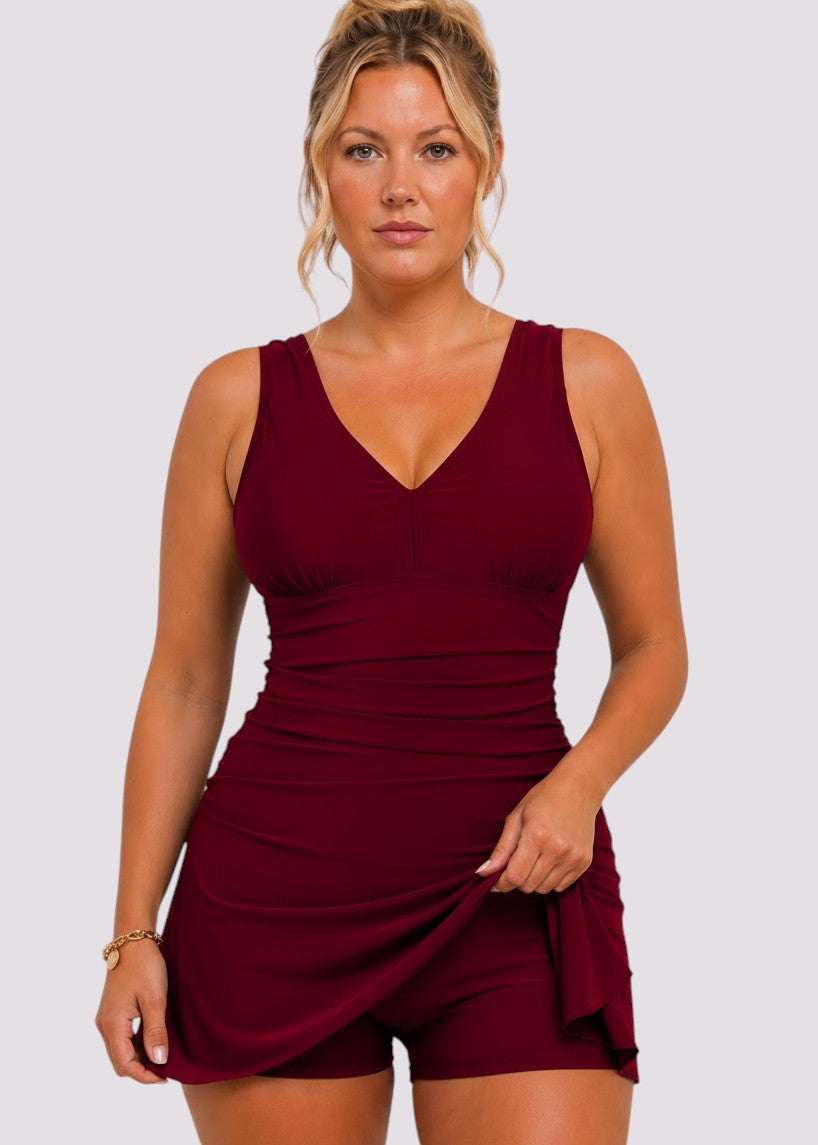 V Neck Swim Dress with Built in Shorts - Wine Red