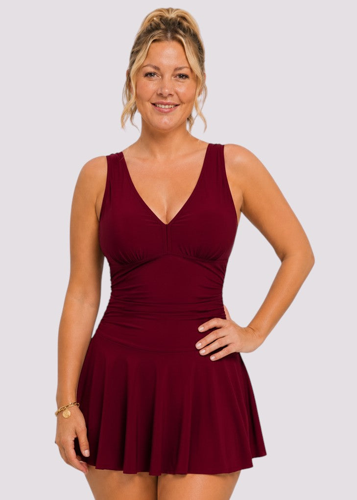 V Neck Swim Dress with Built in Shorts - Wine Red