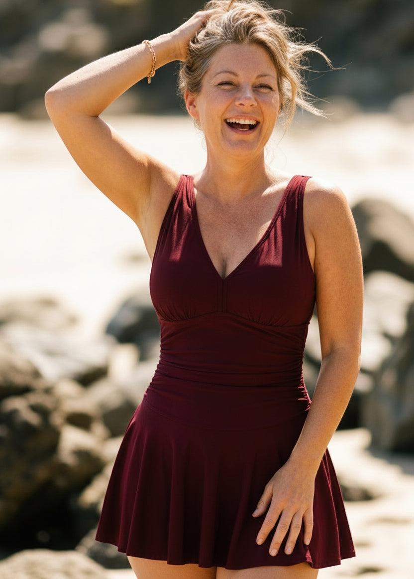 V Neck Swim Dress with Built in Shorts - Wine Red