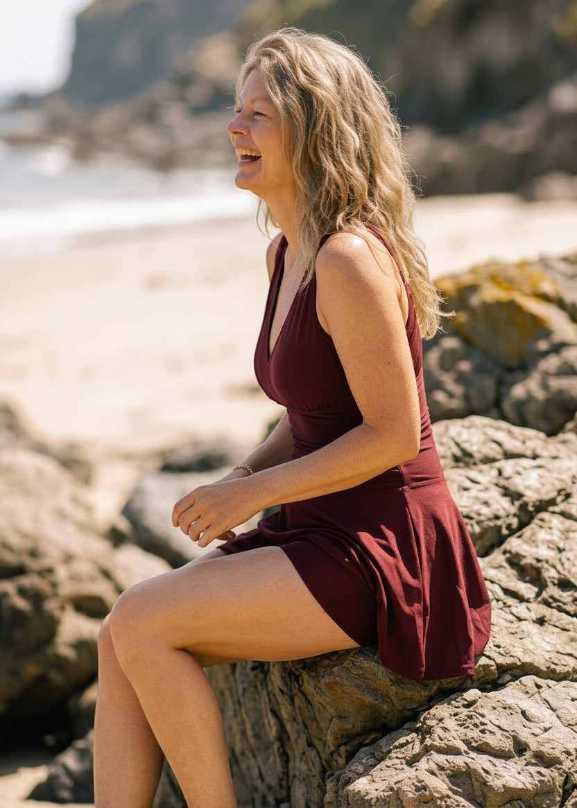 V Neck Swim Dress with Built in Shorts - Wine Red