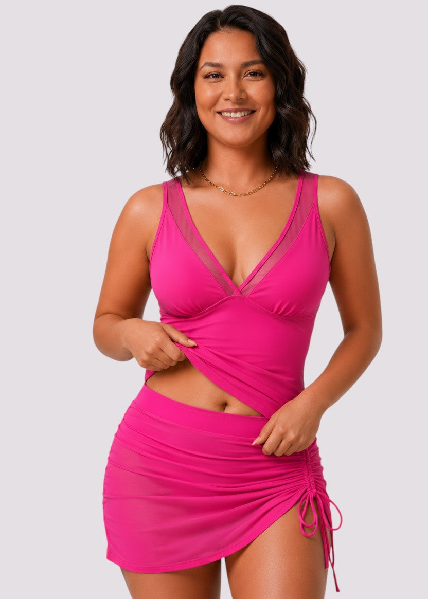 V Neck Mesh Skirtini Set - Pink-Cheekkah