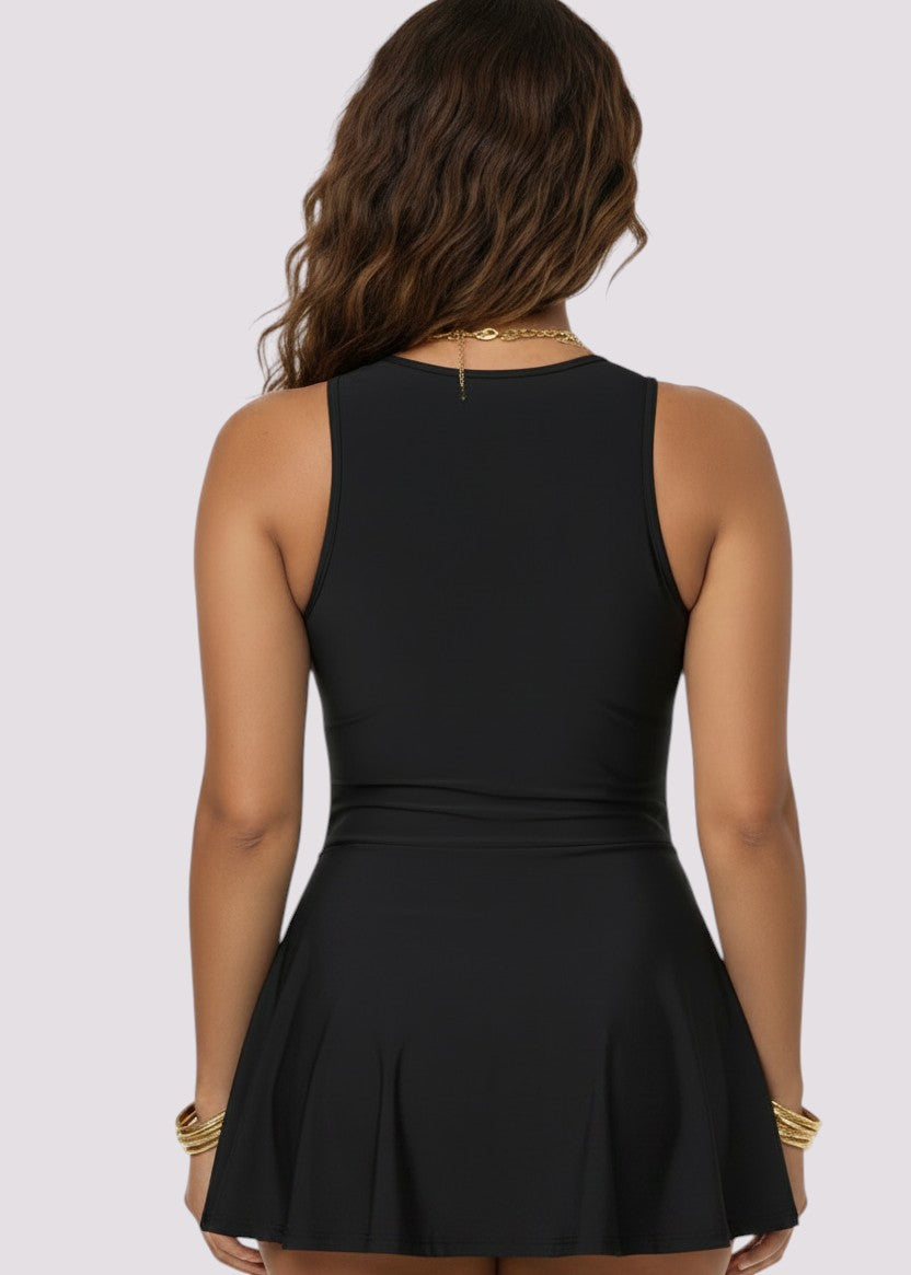 Zip Front Swim Dress - Black-Cheekkah