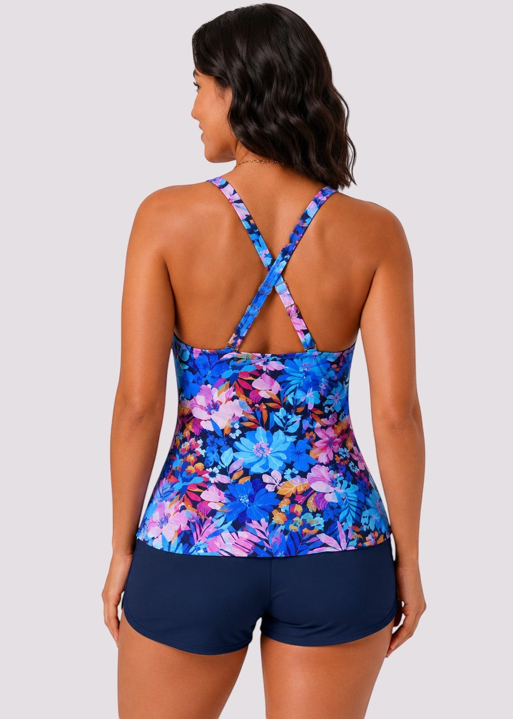 Twist Front Ruched Tankini Set with Shorts - Blue Lagoon-Cheekkah