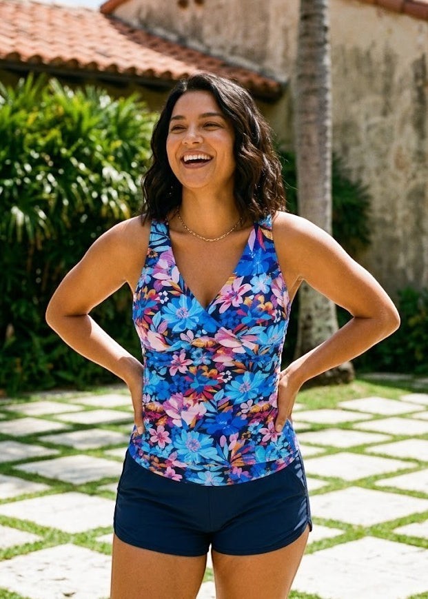 Twist Front Ruched Tankini Set with Shorts - Blue Lagoon-Cheekkah