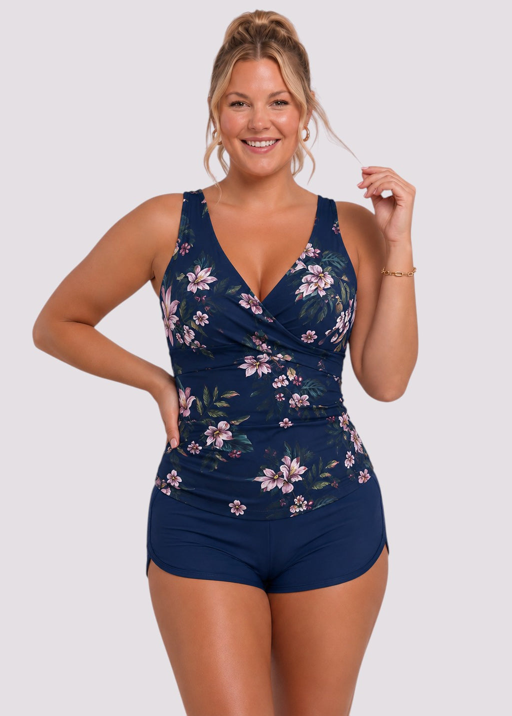 Twist Front Ruched Tankini Set with Shorts - Navy Bella-Cheekkah