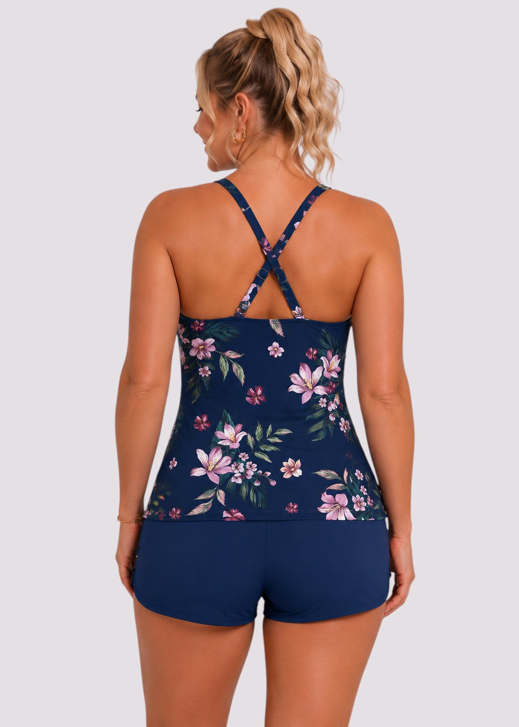 Twist Front Ruched Tankini Set with Shorts - Navy Bella-Cheekkah