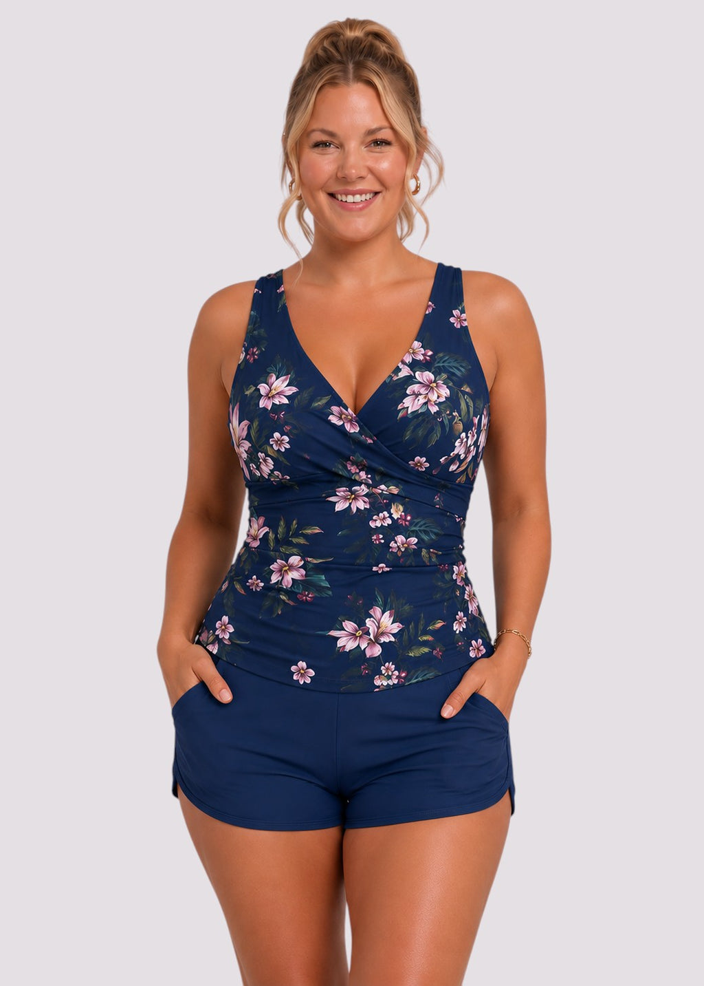Twist Front Ruched Tankini Set with Shorts - Navy Bella-Cheekkah