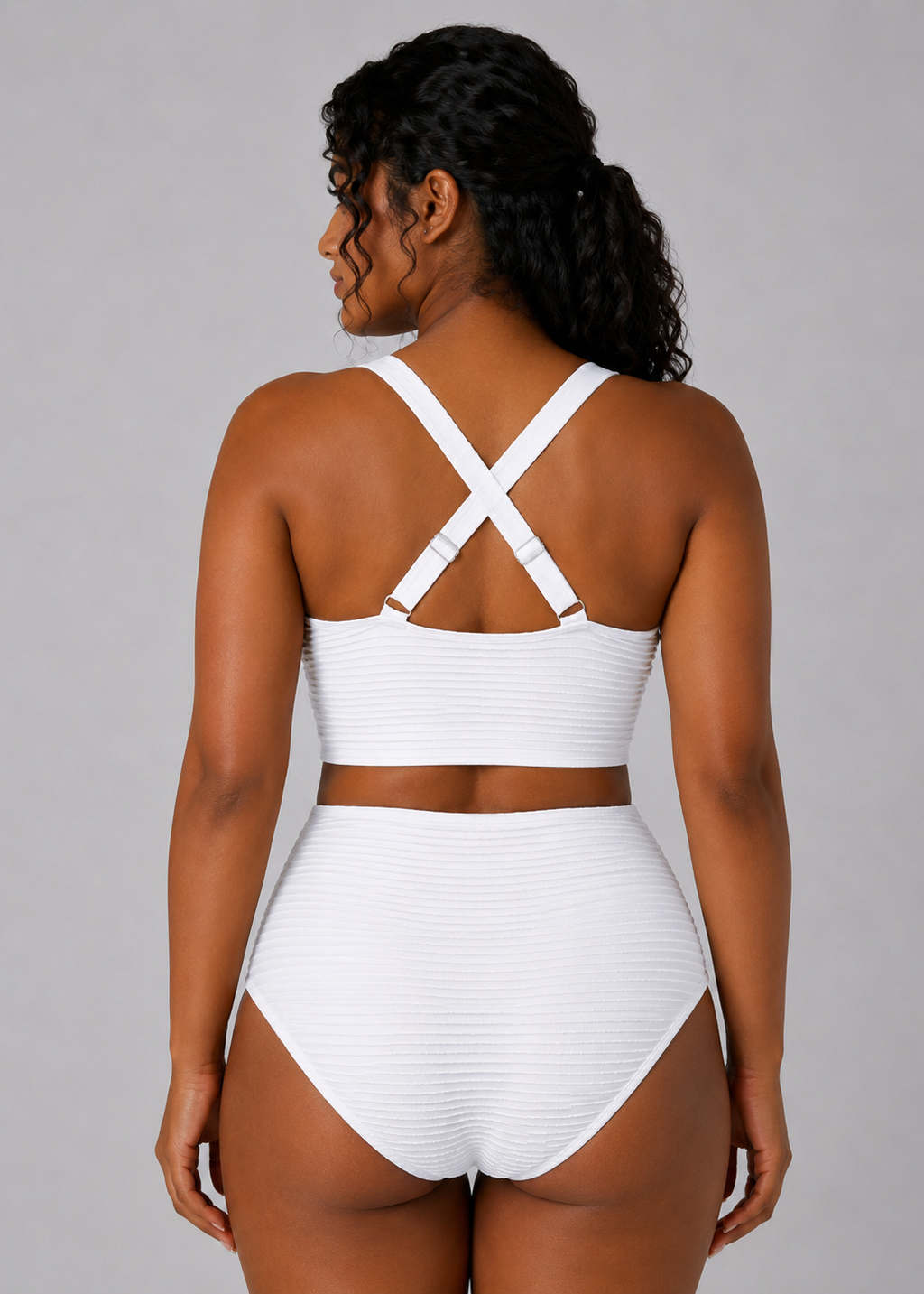 Textured High Waisted Twist Front Bikini Set - White-Cheekkah