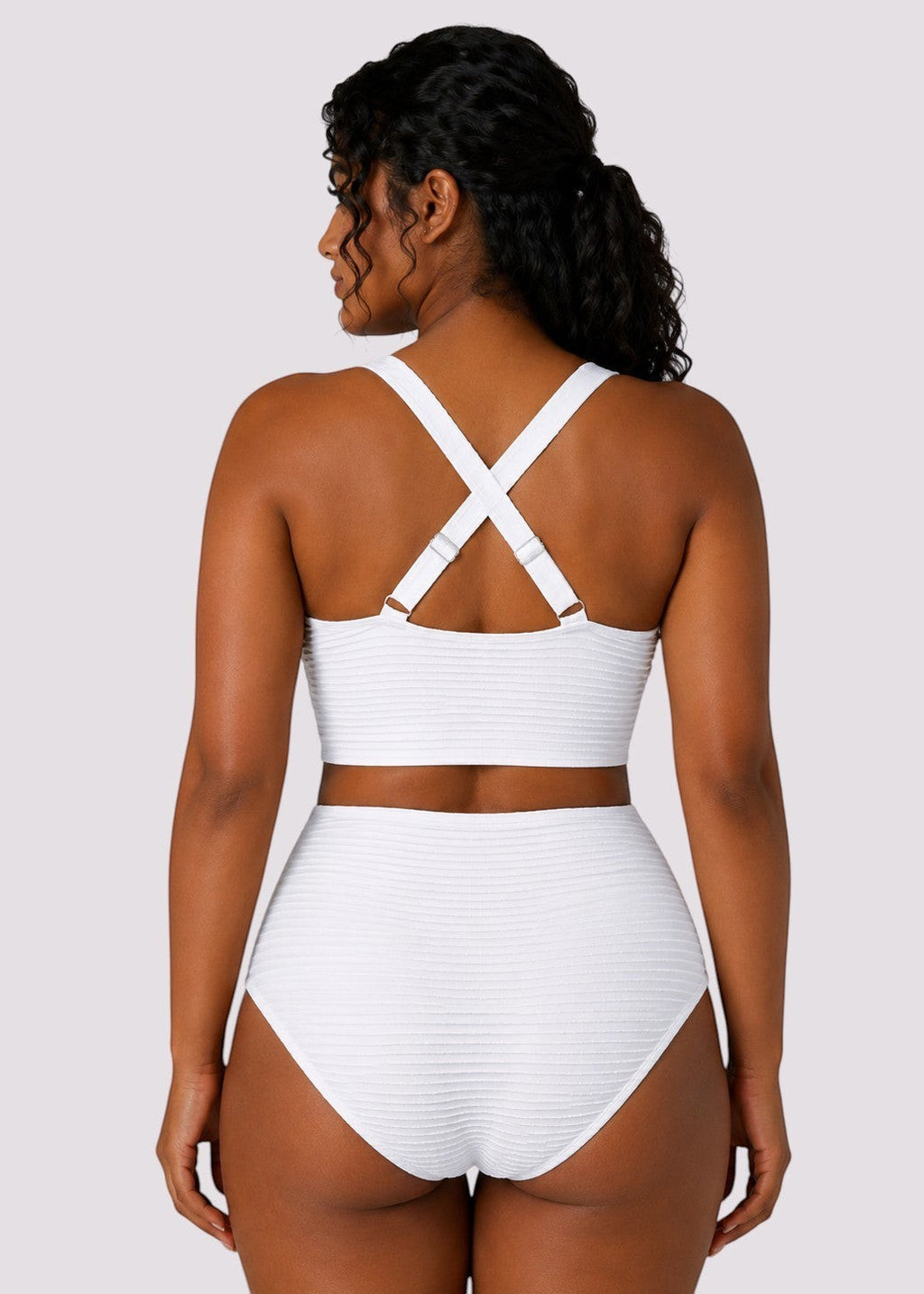 Textured High Waisted Twist Front Bikini Set - White-Cheekkah
