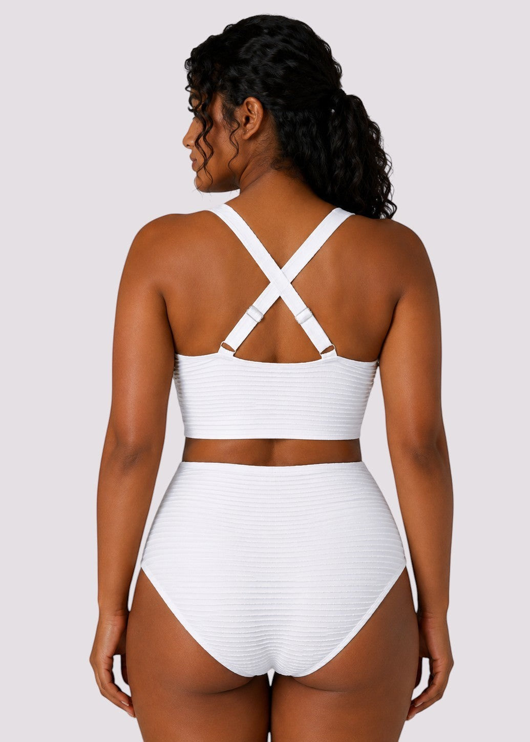 Textured High Waisted Twist Front Bikini Set - White-Cheekkah